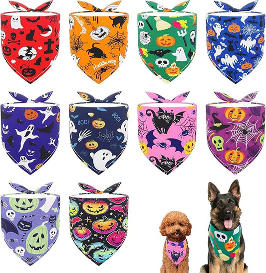 10pcs Dog Bandanas Halloween for Small Breed Kerchief Triangle Bibs Scarves Pumpkin Bats Ghost Spider Owls for Girl Boy Grooming Costume