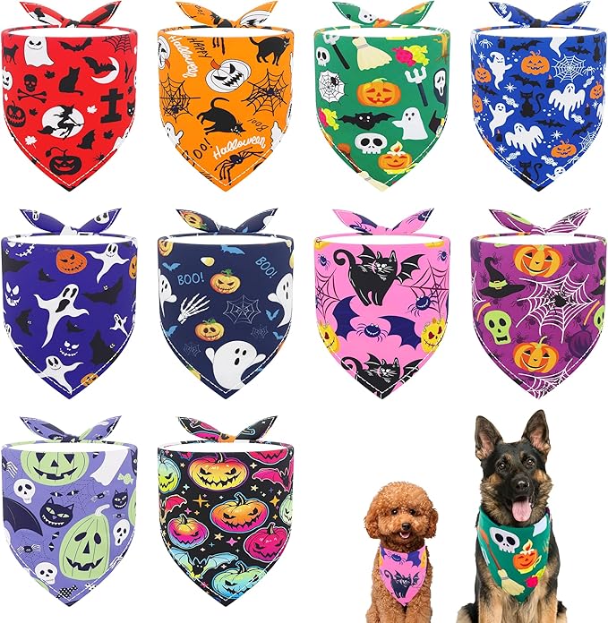 10pcs Big Halloween Dog Bandanas for Large Extral Large XL XXL Kerchief Triangle Bibs Scarves Pumpkin Bats Ghost Spider Owls Pattern for Girl Boy Grooming Costume