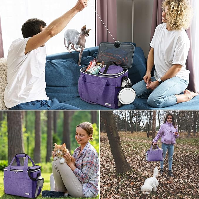 BAGLHER Dog Travel Bag Backpack Pet Supplies Backpack Pet Accessories Storage Bag 5-Piece Set with Shoulder Strap 2 Lined Pet Food Containers 4 Foldable Feeding Bowls Essential Kit for Pet Travel