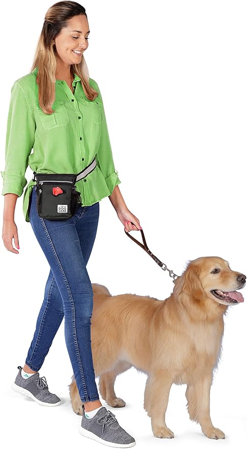 Mobile Dog Gear Dog Walking Fanny Pack (6"x7", Black) - Dog Training Treat Pouch with Poop Bag Dispenser & Bags, 2 Reflective Wrist Straps, Adjustable Shoulder Strap, Flashlight, Water Bottle Pocket