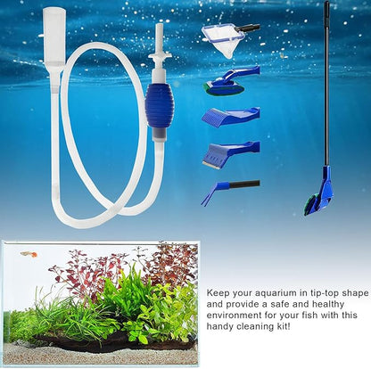 Aquarium Cleaning Tool Set, Fish Tank Cleaner Kit Tools with Handle, Seaweed Scraper, Fishing Net, Sponge Brush, Wall Brush- 5 in 1 & Fish Tank Gravel Cleaner