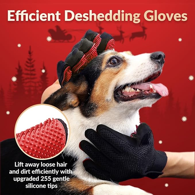 Upgrade Version Pet Grooming Glove - Gentle Deshedding Brush Glove - Efficient Pet Hair Remover Mitt - Enhanced Five Finger Design - Perfect for Dog & Cat with Long & Short Fur - 1 Pair