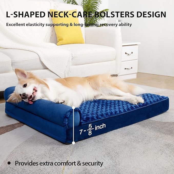 Orthopedic Dog Bed Deluxe Plush L-Shaped Dog Couch Beds with Waterproof Lining Bolster Dog Sleeping Sofa with Removable Washable Cover & Nonskid Bottom Pet Bed for Medium Large Dogs 40 x 32 Inch