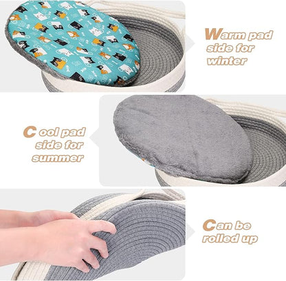 Yummy Sam Cotton Rope Woven Cat Bed Basket, Small Dogs Sofa Bed with Double Sided Mat for All Seasons, 14"x14"x4" Washable Round Sleeping House Bed for Indoor Cat Puppies Rabbits and Small Pets (Grey)