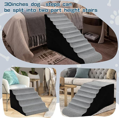 30 inches High Foam Dog Stairs &Steps for High Beds Tall, LitaiL Extra Wide 30-36 inch Wave Pet Stairs/Steps for High Beds Large Breed Dogs,Non-Slip Dog Ramps for Small Dogs, Older Dogs/Cats Injured