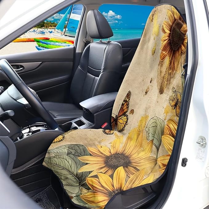 Vintage Sunflower Waterproof Towel Car Seat Cover Anti-Slip Bucket Seat Protector Washable Car Decro for Athletes