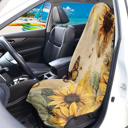 Vintage Sunflower Waterproof Towel Car Seat Cover Anti-Slip Bucket Seat Protector Washable Car Decro for Athletes