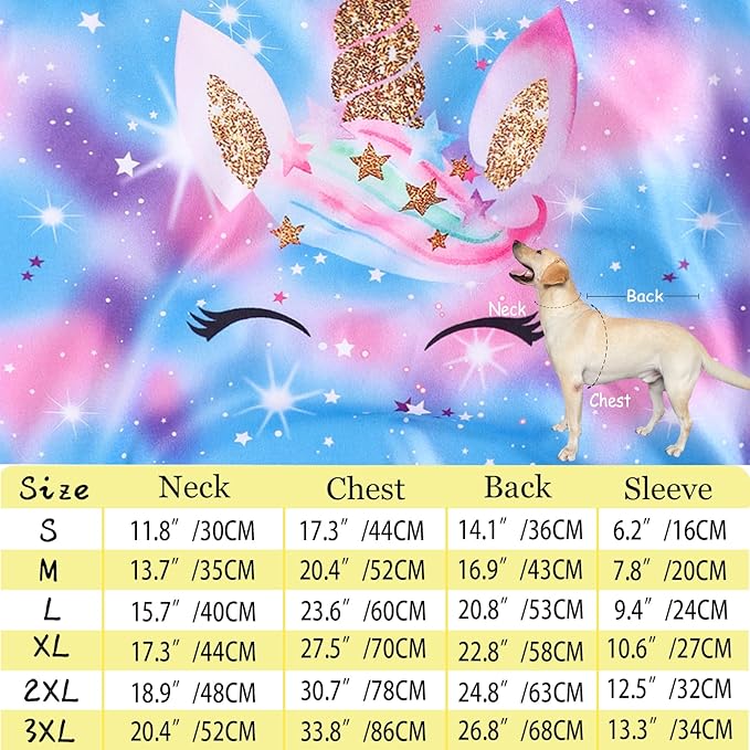 Dog Blue Purple Tiedye T Shirts Shining Unicorn Pattern Printed Pet Shirt Softable Pajamas for Large Dogs (3XL, Blue)