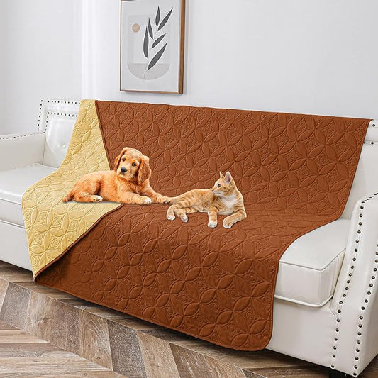 Waterproof Dog Blanket, 68x82 inches Pet Couch Covers for Sofa, Bed Furniture Protector from Dogs Washable and Reversible-Turmeric+Lightbrown