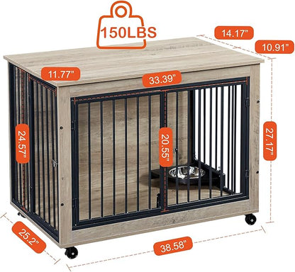 NicBex Dog Crate Furniture Dog Cage with Rotatable Feeding Bowl and 3 Doors