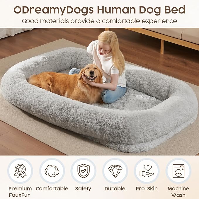 Human Dog Bed Cover (No Filler, Cover only), Human Size Dog Bed Cover Replacement, Suit for 72"x48"x10", 290 GSM Calming Fluffy Plush Cover Washable Removable Anti-Slip, Frost Grey