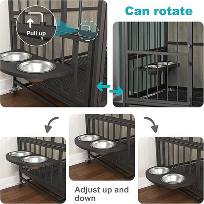 NicBex Dog Crate Furniture Dog Cage with 360 Degree Rotation Height Adjustable Feeding Bowls