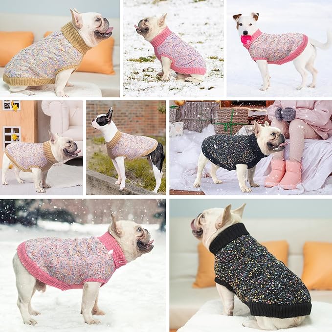 BEAUTYZOO Cable Knit Small Dog Sweater, Color Block with Fuzzy Thread Knitted Turtleneck Dog Knitwear with Dots in a Variety of Colors for Small Medium Dogs Fall Winter Dog Clothes, SM Beige