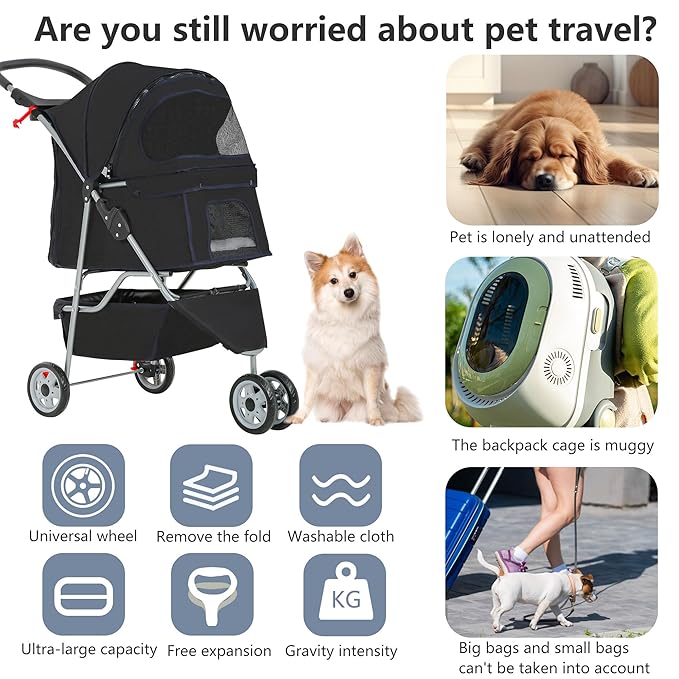 FDW Pet Stroller Foldable Dog Stroller 3-Wheel Durable Cat Jogger Stroller for Small and Medium Dogs Cats with Washable Liner Storage Basket Cup Holder