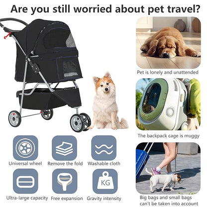 FDW Pet Stroller Foldable Dog Stroller 3-Wheel Durable Cat Jogger Stroller for Small and Medium Dogs Cats with Washable Liner Storage Basket Cup Holder