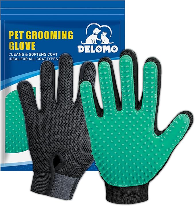 DELOMO Pet Hair Remover Gloves, 255 Tips, Deshedding Glove for Dog and Cat, Gentle De-Shedding Glove Brush, Green, 2 Count