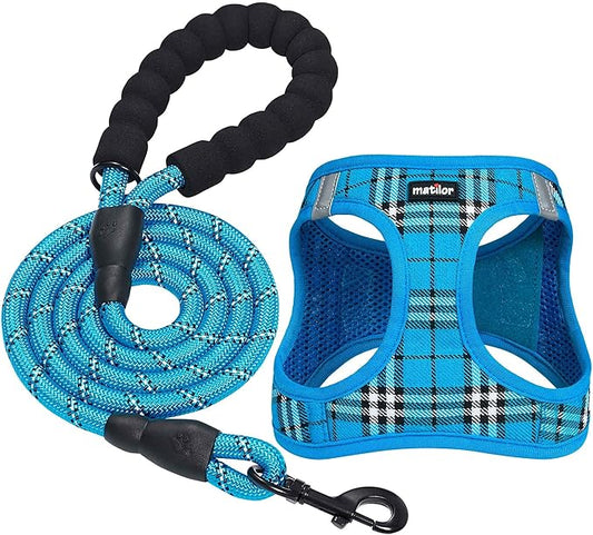 Dog Harness Step-in Breathable Puppy Cat Dog Vest Harnesses for Small Medium Dogs Blue Plaid