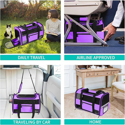 Cat Carrier Dog Carrier Pet Carrier Airline Approved for Small Dogs Medium Cats Puppies Under 15 Lbs, Collapsible Soft Sided Dog Travel Carriers for Puppy and Kitten, Purple