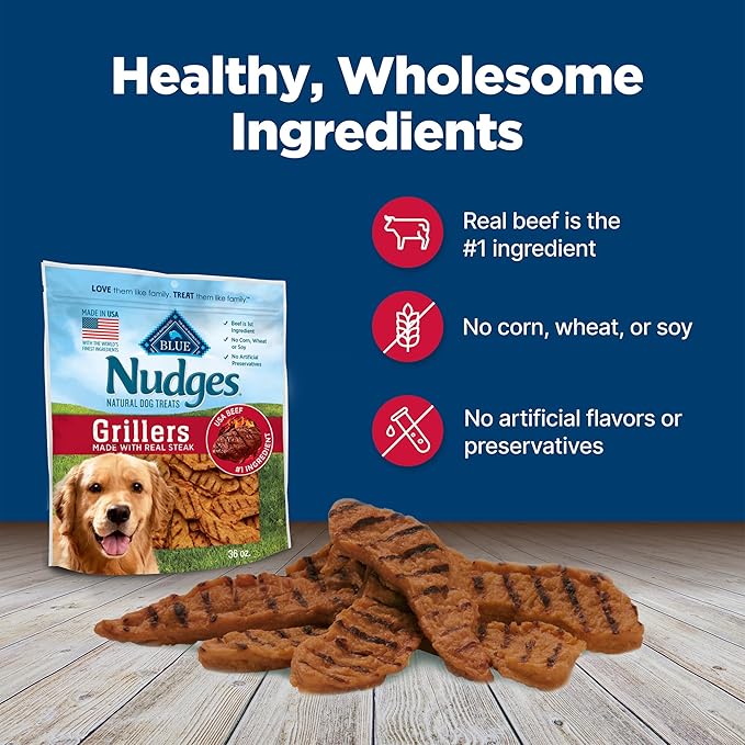 Blue Buffalo Nudges Grillers Natural Dog Treats with Real USA Beef, Made in the USA, Steak, 36-oz. Bag