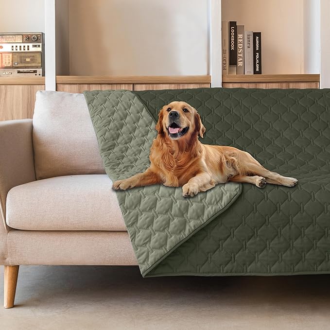 gogobunny 100% Double Sided Waterproof Dog Blanket Soft Pet Bed Cover Reversible Protect Furniture Couch Sofa Car for Puppy Large Dog Cat (Dark Olive/Light Olive, 82x102 Inch (Pack of 1))