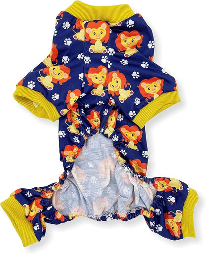 Dog Pajamas Soft COTTON Blend Jumpsuit Cute Pet Clothes for Small Medium Pet (Navy Lions 15", Chest 18" - 22")