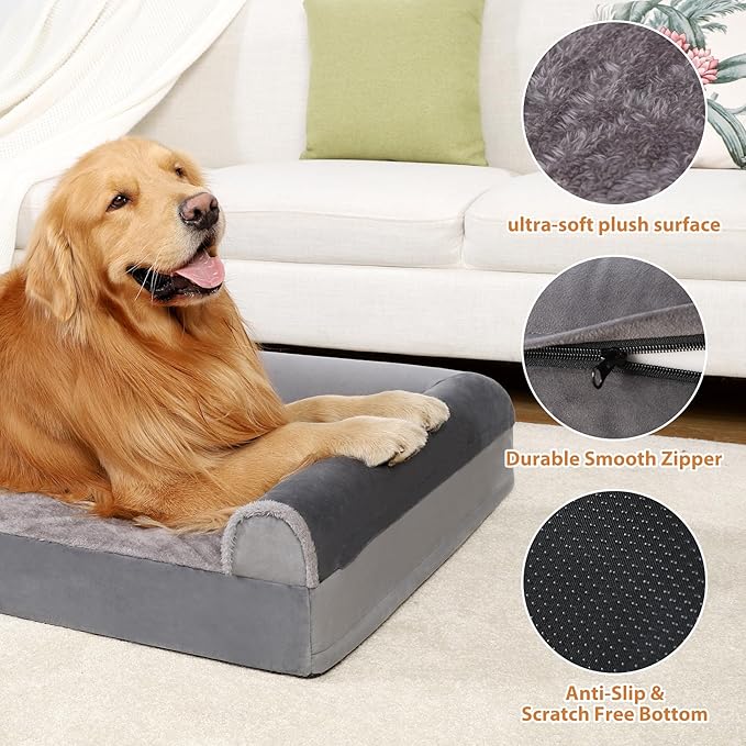 Orthopedic Dog Bed Washable Large Dog Bed Waterproof Dog Beds Large Sized Dog Couch Egg Foam Dog Crate Bed with Removable Bolsters & Nonslip Bottom 36" x 27" x 6", Grey