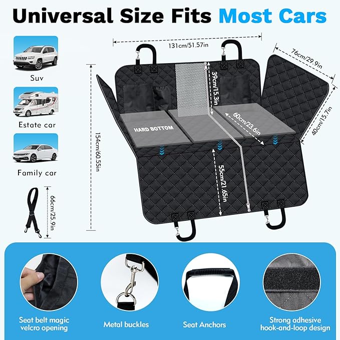 3 In 1 Back Seat Extender for Dogs, 40/60 Split Dog Car Seat Cover with Hard Bottom Dog Car Seat Bed Dog Hammock for Car Pet Backseat Protector with Mesh Window and Storage Pocket for Car(Dark Black)