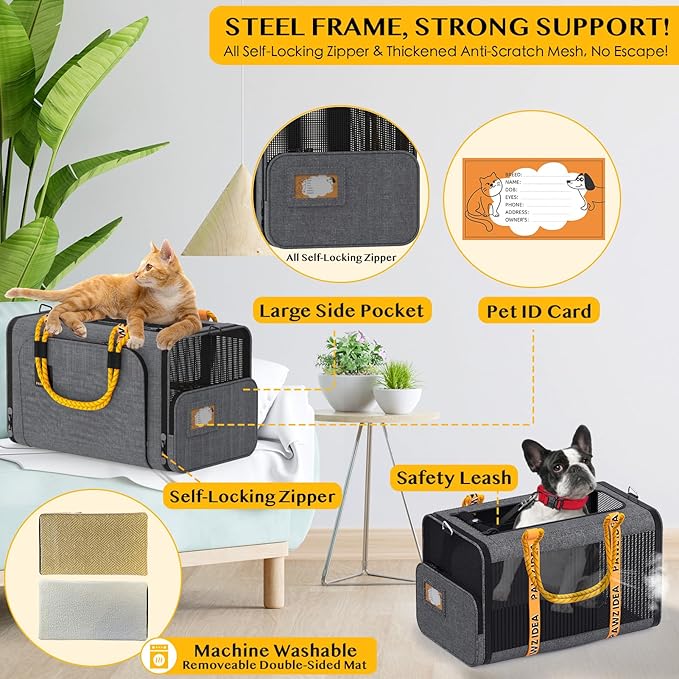 PAWZIDEA Expandable Pet Carrier w/ID Card, 18X11X11 TSA Airline Approved Cat Carrier for 2 Cats Under Seat, Soft-Sided Collapsible Small Dog Carrier Car Seat Travel Bag, Puppy Cat Crate Top Load Grey