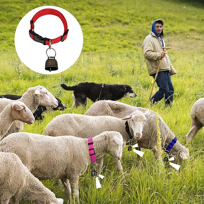 8 Pack Goat Collar with Bell, Adjustable Sheep Collars Set with Quick Release Buckle Durable Nylon Anti-Lost Grazing Pet Collar with Copper Bell for Goat Sheep Horse Cow