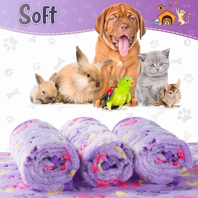 4 Pcs Pet Blanket Dog Puppy Blanket Paw Print Fleece Blanket for Small Medium Pet Dog Cat Warm Soft Sleep Mat Guinea Pig Cage Liners Blanket (Purple,Small(24 x 16 Inch))