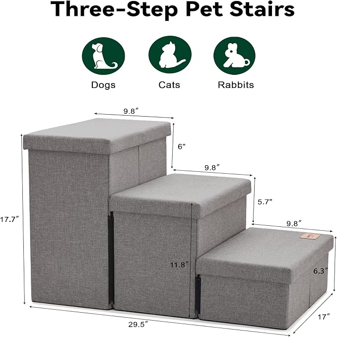 Love's cabin Dog Stairs for Small Medium or Large Dogs with Storage and Adjustable Steps 3-Step Gray 200 lbs,