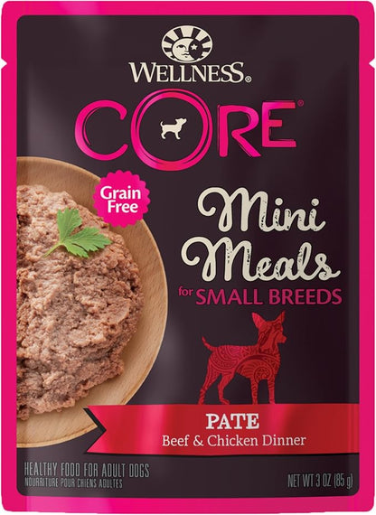 Wellness CORE Natural Grain Free Small Breed Mini Meals Wet Dog Food, Pate Beef & Chicken Dinner, 3-Ounce Pouch (Pack of 12)