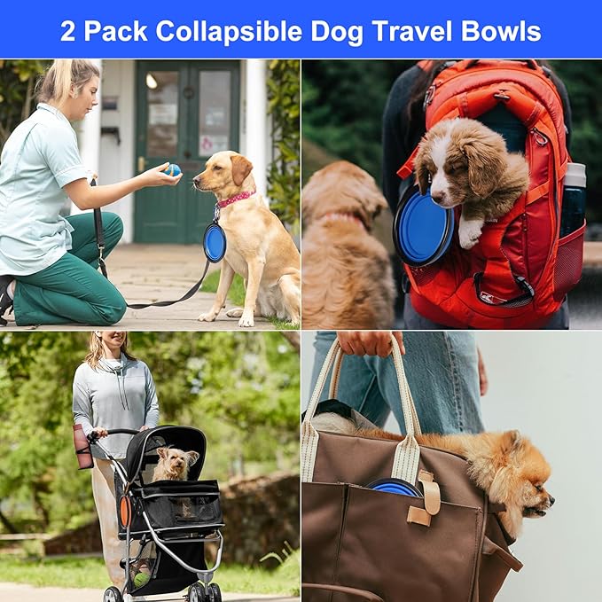 Collapsible Dog Bowl 2 Pack, 650ml Foldable Dog Travel Bowls Replacement, Portable Dog Water Food Bowl with Clasp, Pet Cat Feeding Cup Dish for Traveling, Walking, Hiking (Blue+Orange)