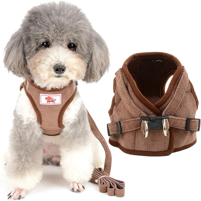 Zunea Small Dog Harness and Leash Set No Pull Adjustable Reflective Step-in Puppy Boy Girl Vest Harnesses Soft Corduroy Mesh Padded for Pet Dogs Cats Chihuahua Brown XS