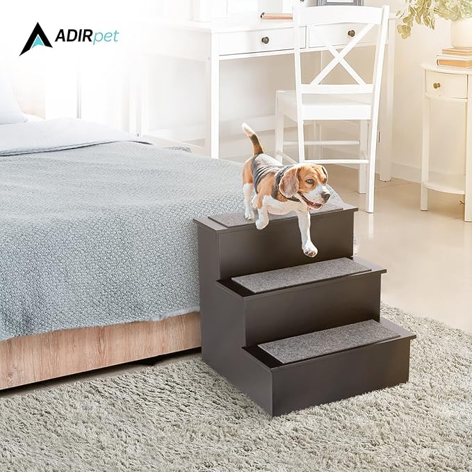 AdirPets Deluxe 3-Step Pet Stairs - Dog Steps for High Bed and Couch - Portable Ramp Stair for Small Dogs and Cats - Non-Slip Surface and Carpeted Treads - Supports Up to 175 lbs Weight (Black)