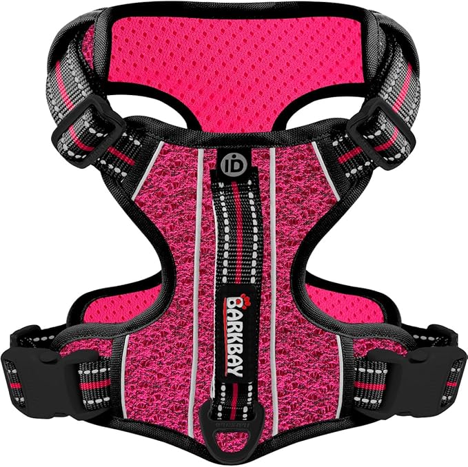 BARKBAY Dog Harness No Pull with ID Tag Pocket - Heavy Duty, Reflective, Easy Control for Large Dogs (Pink/Black,S)