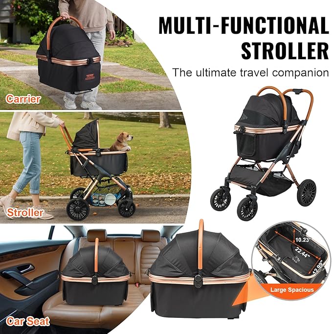 VEVOR 3 in 1 Large Pet Stroller for Dogs Cats Up to 66lbs 4 Wheels 2 Cats