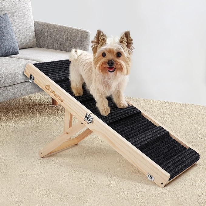 Wooden Folding Dog Ramp for Bed, Non-Slip Adjustable Pet Ramp for Couch for Small Medium Doggie 31.5" Long 4 Levels H9.5 to 18.5" with 5 Paw Traction Mat Cat Ramps for Car Sofa (Up to 40 Lbs)