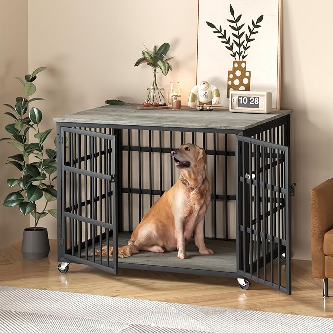 Rovibek Dog Crates for Large Dogs 38.4", Heavy 2 Doors 4 Wheels,