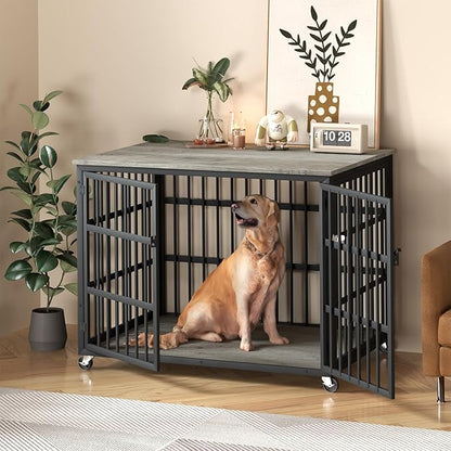 Rovibek Dog Crates for Large Dogs 38.4", Heavy 2 Doors 4 Wheels,