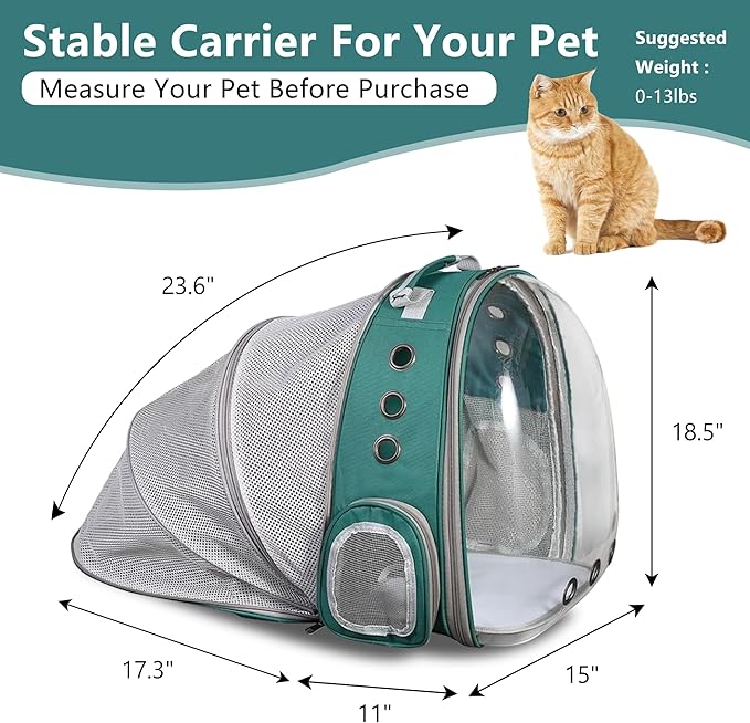 TOYSINTHEBOX Cat Backpack Carrier, Expandable Pet Bubble Backpack for Cat Small Dog Pet Travel Carrier Breathable Carrying Bag for Hiking, Travelling, Walking, Camping & Outdoor Up to 13 Lbs Green