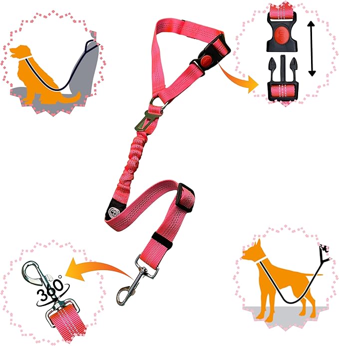 Reflective 2 in 1 Dog, Puppy and Cat Stretchable, NonChew, Indestructible Seat Belt Harness Leash and Headrest Collar Accessary for Vehicle, Pet Safety, Nylon, Heavy Duty and Elastic (Pink)