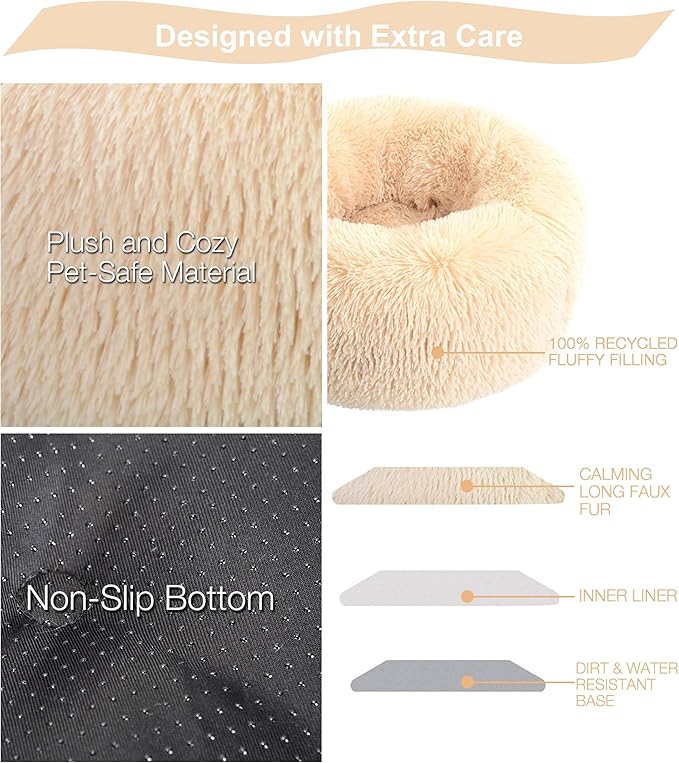 Calming Dog Bed & Cat Bed，Dount Washable Small Pet Bed，20 inches Fluffy Faux Fur Plush Dog Bed，Anti Anxiety Warming Cozy Soft Pet Bed (20”