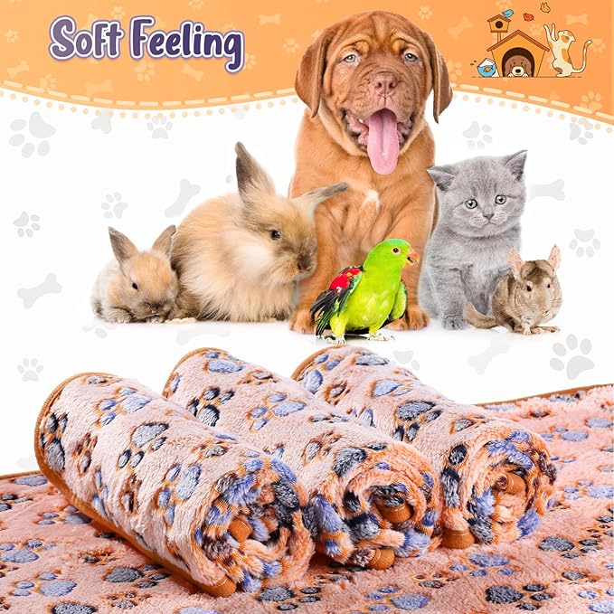 4 Pcs Pet Blanket Dog Puppy Blanket Paw Print Fleece Blanket for Small Medium Pet Dog Cat Warm Soft Sleep Mat Guinea Pig Cage Liners Blanket (Coffee,Large(41 x 30 Inch))