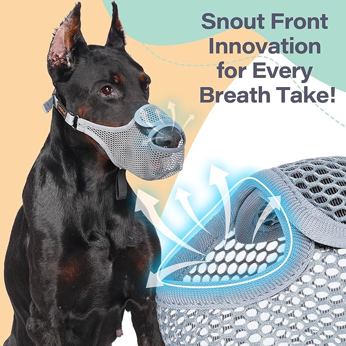 LUCKYPAW Dog Muzzle for Large Medium Small Dogs, Mesh Muzzle for Dog to Prevent Biting Chewing Licking Eating, Soft Dog Muzzle with Front Opening Design for Drinking Panting (Grey, L)