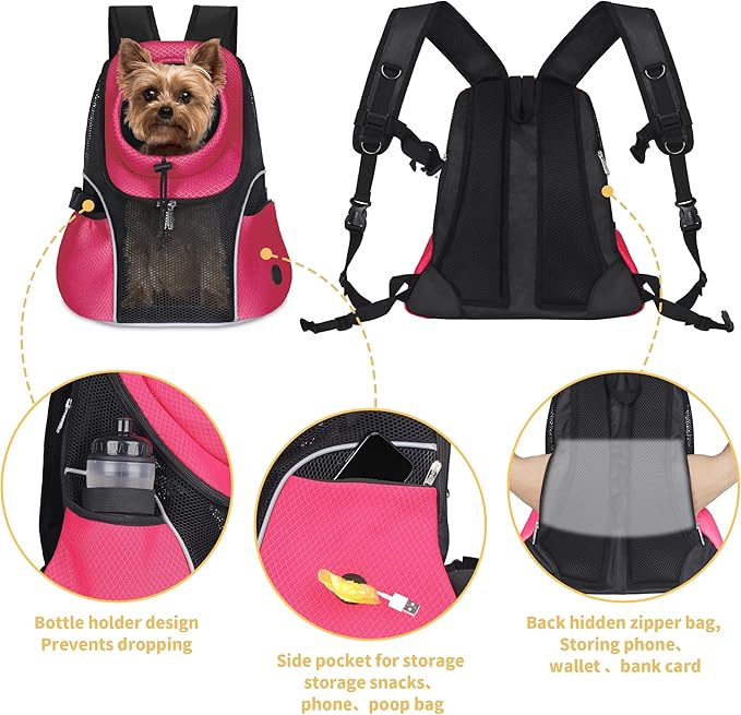 WOYYHO Pet Dog Carrier Backpack Small Dog Front Backpack Ventilated Mesh Dog Travel Back Pack with Safety Belt for Travel Hiking Cycling Outdoor Use (M (5-9 lbs), Rethink Pink)