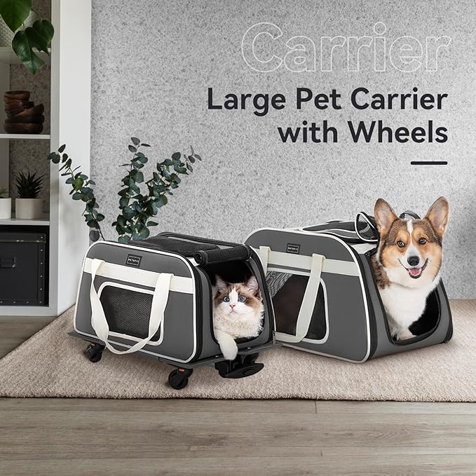 PETSFIT Airline Approved Cat Carrier with Wheels Designed for Small Dogs/Cats with Adjustable Safety Rope & Removable Wheels