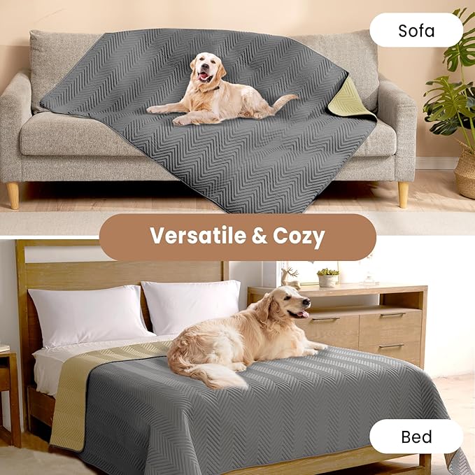 Double-Sided Waterproof Dog Blanket for Couch Cover, Dog Couch Cover Protector for Large Dogs, Cat Couch Sofa Covers Washable, Furniture Covers for Pets, Khaki and Grey, 68x82 Inches