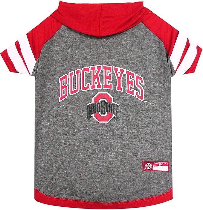 NCAA Ohio State Buckeyes Hoodie for Dogs & Cats, X-Small Collegiate Licensed Dog Hoody Tee Shirt. Sports Hoody T-Shirt for Pets. College Sporty Dog Hoodie Shirt.