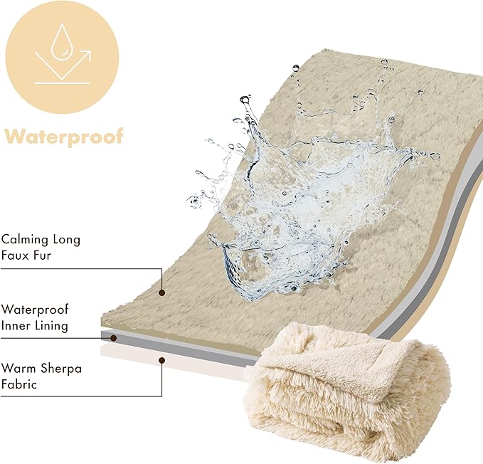 gogobunny Waterproof Plush Long Faux Fur Pet Throw Blanket Ultra Soft Fluffy Bed Couch Cover Washable (33x77 Inch 1), Beige)